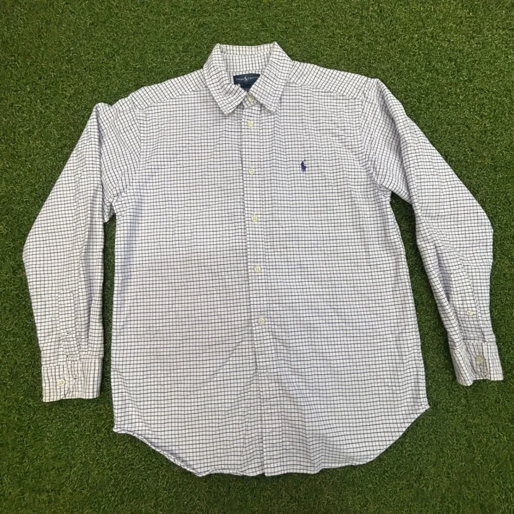 Ralph Lauren Boys Size 18 Blue White Check Long Sleeve Button Down Shirt Cotton